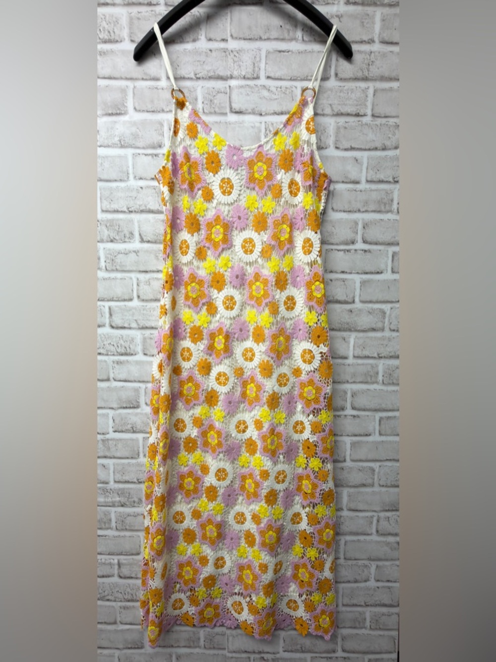 Zara Floral Sz Medium Midi Slip Dress, Multi Color Crochet Flowers